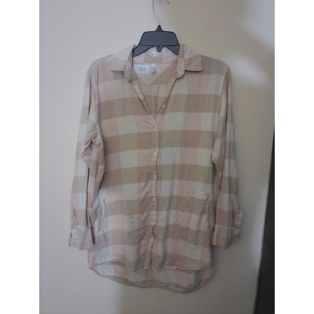 GapBody Sleep Shirt Women XS Pink Tan Buffalo Check Plaid Long Sleeve Loungewear